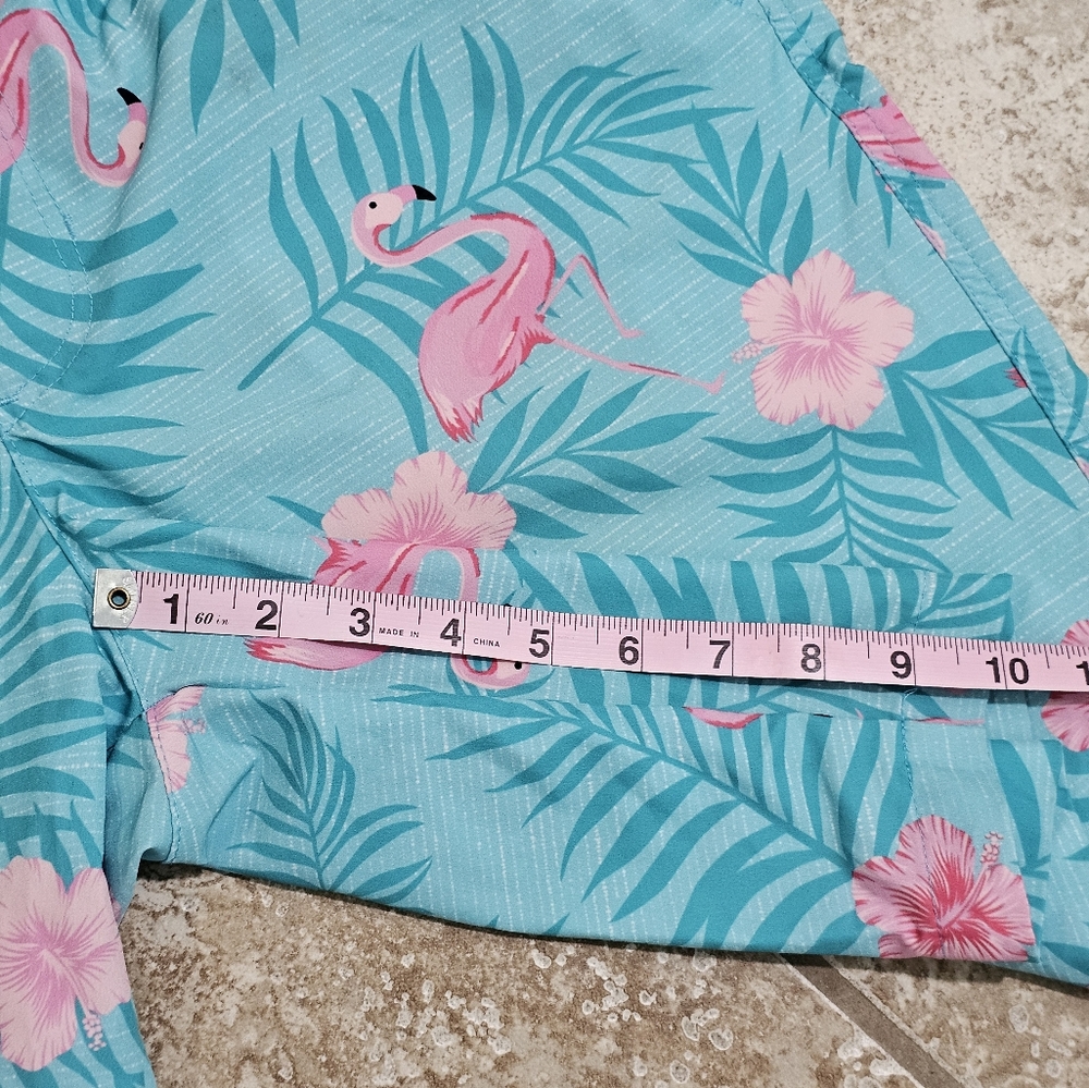 Surplus Swim Trunks Men Medium Blue Pink Flamingo Floral 10” Inseam Tropical Y2K - Picture 5 of 6
